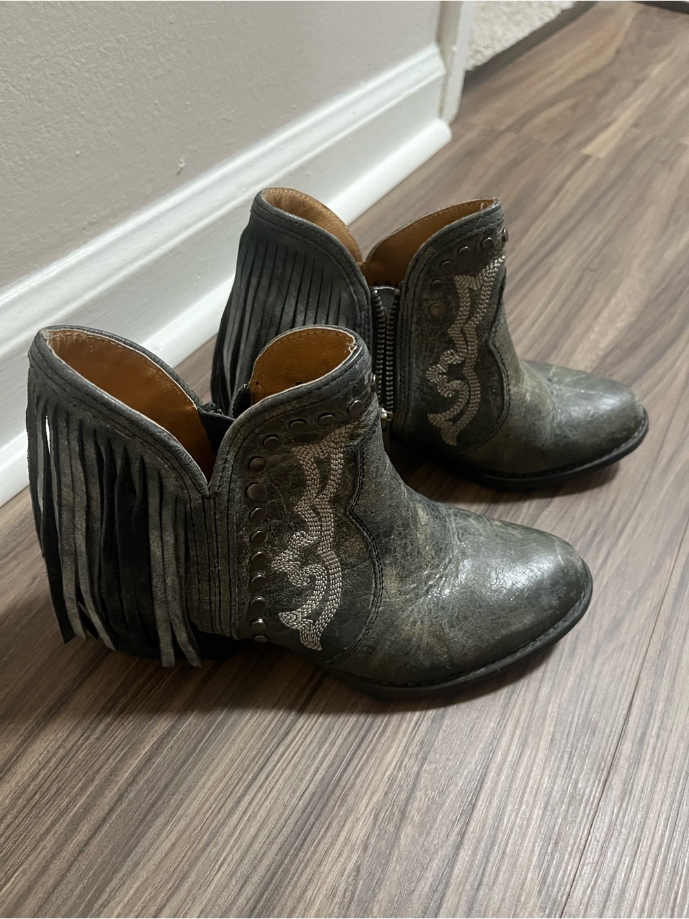 Women's Fringe Ankle Booties with Embroidered Accent - Gray